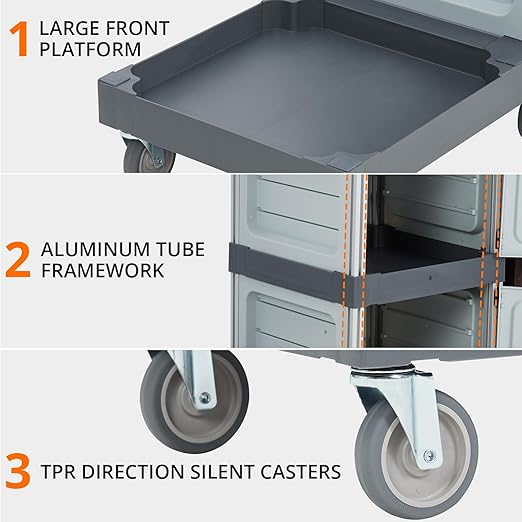 Commercial Janitorial Cart with 2 Cabinet - Black Housekeeping Caddy with Cover, Shelves, and Vinyl Bag