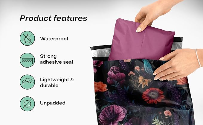 10x13 Poly Mailers – Dark Floral – Waterproof, Tear-Resistant Shipping Bags with Adhesive Seal – 100 Pack – Package Mint