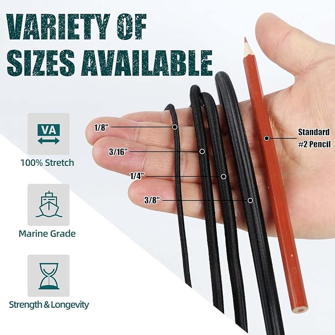 Strong and Durable Bungee Cord - 3/8" x 100ft Elastic Cord, Kayak Stretch String Rope, Bungee Shock Cords for Repairing Tent Poles, DIY, Tie Downs, Black