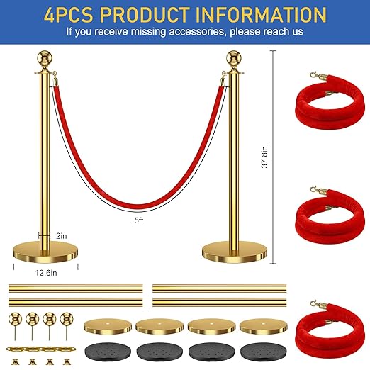 4 PCS Stanchions and Velvet Ropes, Gold Posts 5 Feet Crowd Control Barriers, Stainless Steel Poles for Red Carpet Themed Party Decoration (Golden)