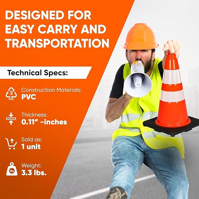 Pyle 18" Traffic Cones 6-Pack, High-Visibility Orange Safety Cones for Parking, Roadwork, Construction and Sports Training, Stackable Design with Heavy-Duty PVC Base, Weather-Resistant