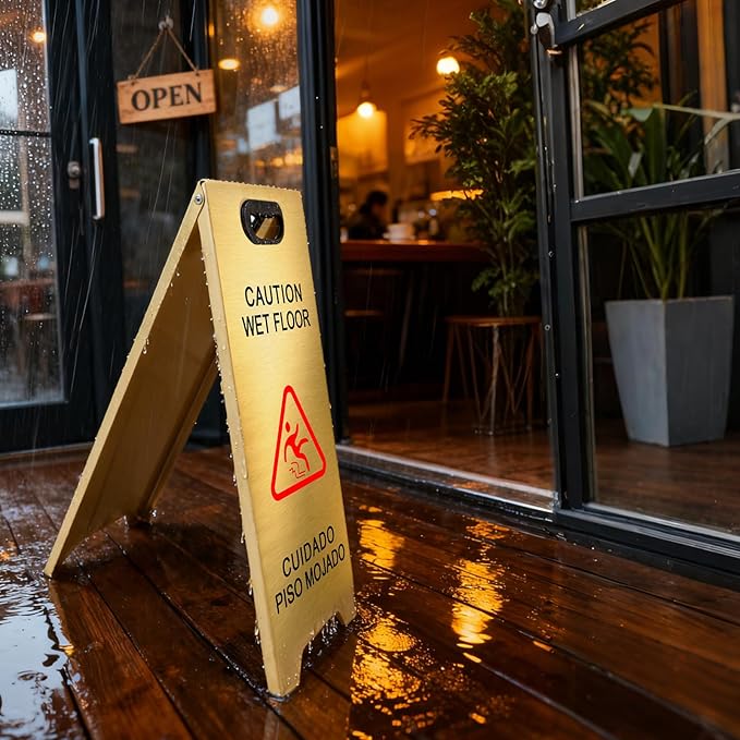 4 Pack Stainless Steel Wet Floor Sign, 24 Inch Caution Wet Floor Sign Portable Foldable Bilingual Safety Warning for Hotel Market Restroom Restaurant Office (Gold)