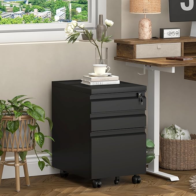3 Drawer Black File Cabinet with Lock,25.6" H Small Filing Cabinet for Under Desk,Metal Mobile File Cabinet for Home Office Organizer Letters/Legal/A4(Assembly Required)