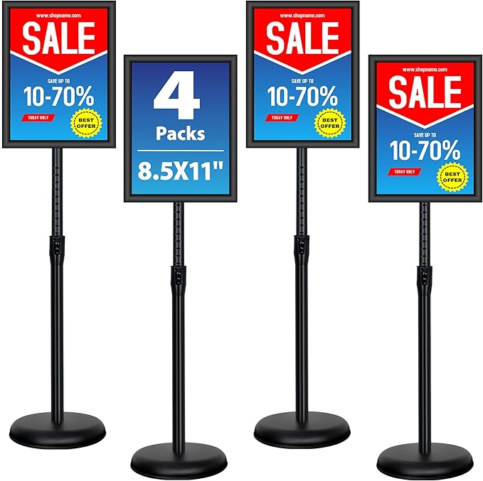 4 Pack Sign Holder Stands - 8.5 x11 inch Standing Sign Stand, Adjustable Poster Sign Holder Pedestal Floor Sign Stand, Aluminum Snap Open Frame for Vertical & Horizontal View Sign Stand, Black