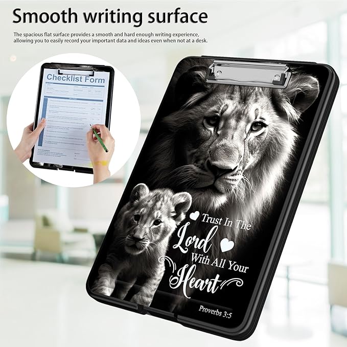 Clipboard with Storage,Office Supplies Nursing Clipboards Folder with Pen Holder Plastic Foldable Clip Board with Storage for Nurse Teacher,Lion Proverbs 3:5