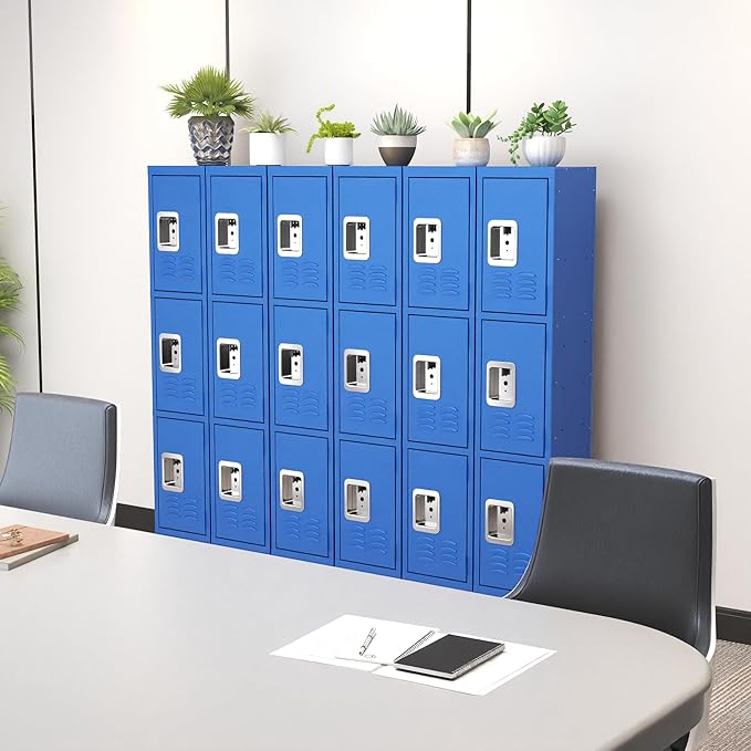 3 Tier Metal Lockers for Employees 66" Blue Storage Locker with Doors and Shelves,Steel Lockable Cabinet with Hooks Gray Tall Locker for School Office Gym Home Garage