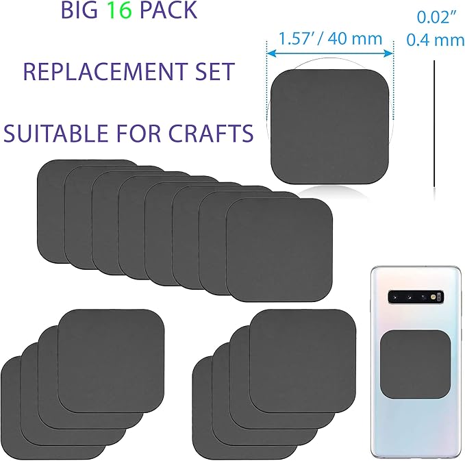 SALEX Phone Metal Stickers for Magnetic Mount - Replacement Set of 16 Car Magnet Square Metal Plates Inside Cell Phone Case. Black Sticky Small Thin Iron Discs with 3M Adhesive Backing for Crafts DIY