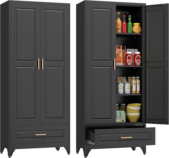 Kitchen Pantry Cabinet, 75" Tall Pantry Cabinet with Drawer, Metal Storage Cabinets with Doors and Shelves, Freestanding Food Cupboards for Dining & Living Room, Black, Assembly Required