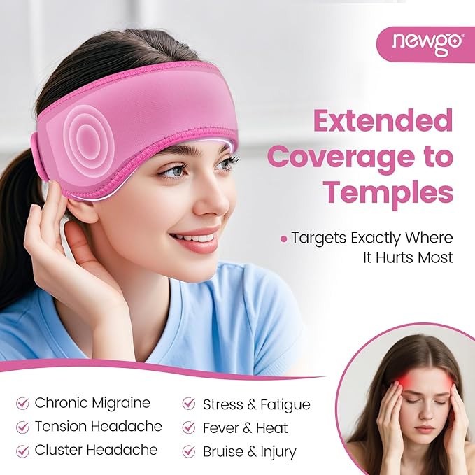 NEWGO Headache Ice Pack Head Wrap for Migraines, Cold Pack Head Ice Therapy Wrap for Headache Relief, Tension, Sinus Pain, Chemo, Head Injuries - Rosered
