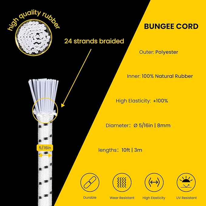 Bungee Cord Elastic Shock Cord 5/16" x 10' Bungee Rope for DIY, Tie Downs, Kayak and Outdoor - White&Black