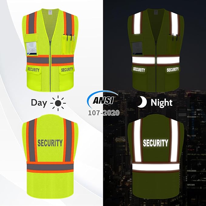 Security Vest for Security Guard, Hi Vis Mesh Vest with Pockets, High Visibility Safety Vest with Reflective Strips, ANSI Compliant, Yellow, M