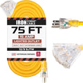 IRON FORGE CABLE 75 Foot Lighted Outdoor Extension Cord with 3 Electrical Power Outlets - 12/3 SJTW Heavy Duty Yellow Extension Cable with 3 Prong Grounded Plug for Safety, 15 AMP