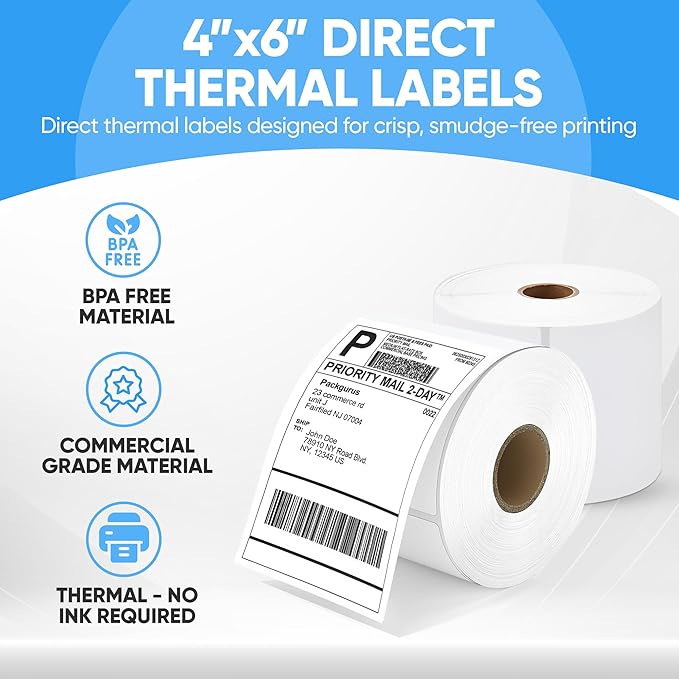 4"x6" Direct Thermal Label Roll, Shipping Labels with Perforated, Commercial Grade for Thermal Printer, 500 Labels/Roll, 4 Rolls (2,000 Labels Total)