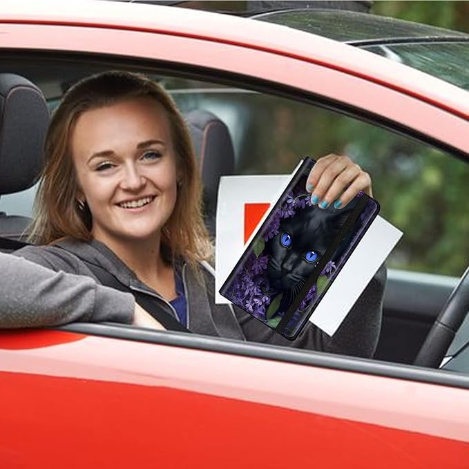 Car Registration and Insurance Holder, Leather Car Glove Box Organizer, Cool Car Accessories for ID, Driver's License Cards & Essential Document, business cards, Men&Women,Cute Black Cat Flower