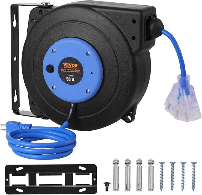 VEVOR Retractable Extension Cord Reel, 50 FT, Heavy Duty 14AWG/3C SJTOW Extension Power Cord with Lighted Triple Tap Outlet, 13A Circuit Breaker 180° Swivel Bracket for Ceiling or Wall Mount, Blue