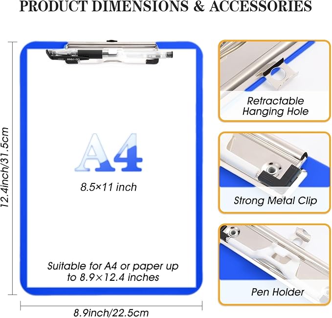 6 PCS Clipboards Bulk with Pen Holder,Standard A4 Letter Size,Plastic Clip Boards 8.5x11 Heavy Duty,Low Profile Clipboard for Men Kids Teacher,Office School Home Work,Blue