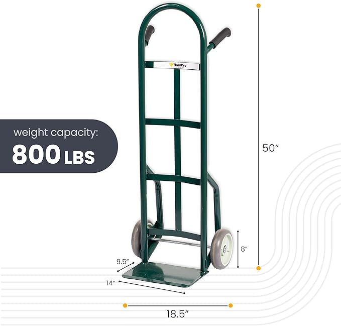 HaulPro Heavy Duty Hand Truck with Double-Grip Handle - Steel Dolly Cart for Moving - 800 Pound Capacity - 8" - Rubber Wheels - 50" H x 18.5" W with 14" x 9.5" Nose Plate - Green