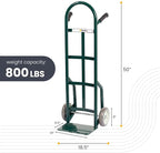 HaulPro Heavy Duty Hand Truck with Double-Grip Handle - Steel Dolly Cart for Moving - 800 Pound Capacity - 8" - Rubber Wheels - 50" H x 18.5" W with 14" x 9.5" Nose Plate - Green