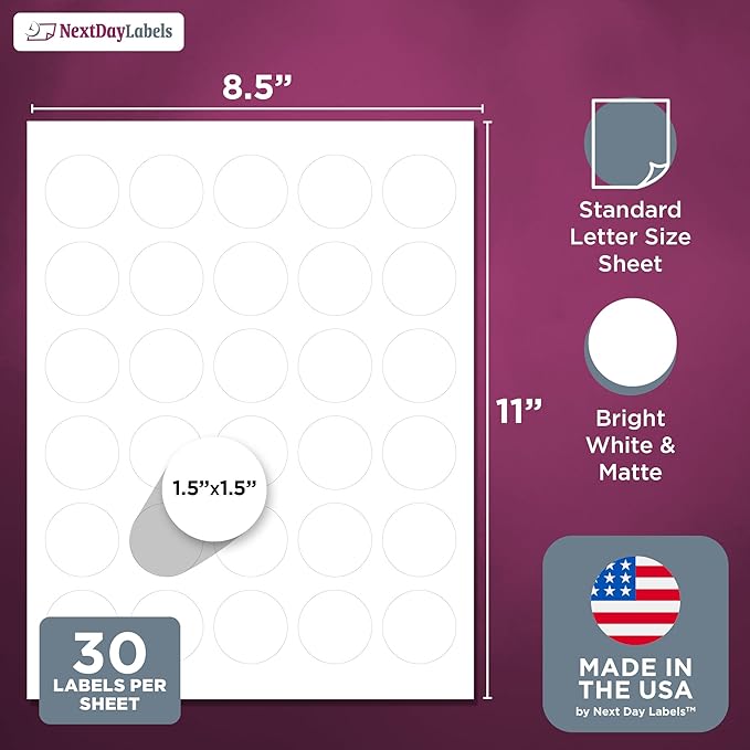 NextDayLabels - 1.5 Inch Round Labels - Matte White Blank Laser/Inkjet Printer Stickers (500 Sheets, 30 Per Sheet, 15000 Circle Stickers)