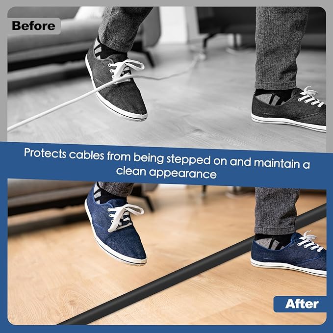 Floor Cord Cover for Wires on Floor Self Adhesive Cord Hider Floor Cable Management Wire Covers for Cords Protector Prevent Cable Trips Cord Cavity W 0.47" x H 0.27", Black, 3.3Ft