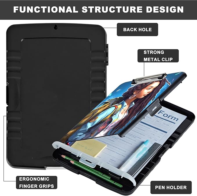 Clipboard with Storage,Storage Clipboard with Pen Holder,Heavy Duty Plastic Storage Clipboard with Low Profile Clip, Clipboard Folder, Teacher Must Haves, Office Supplies,Black Girl