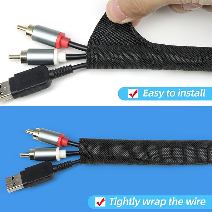 Automotive Wire Loom Tubing, Split Braided Cord Protectors from Pets No Chew, Flexible Cable Sleeve Cable Management for TV/Computer/Electric Wires (Black, 1"-10ft)