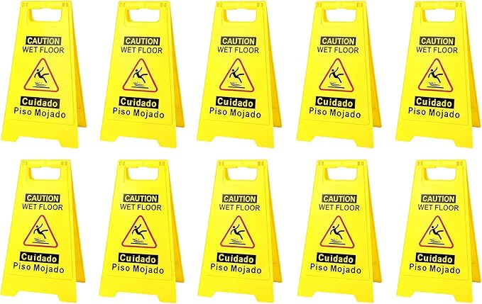 10 Pack Caution Wet Floor Sign, 24" Height, Bright Yellow, Double-Sided A-Frame Safety Caution Sign Commercial, Bilingual Caution Message