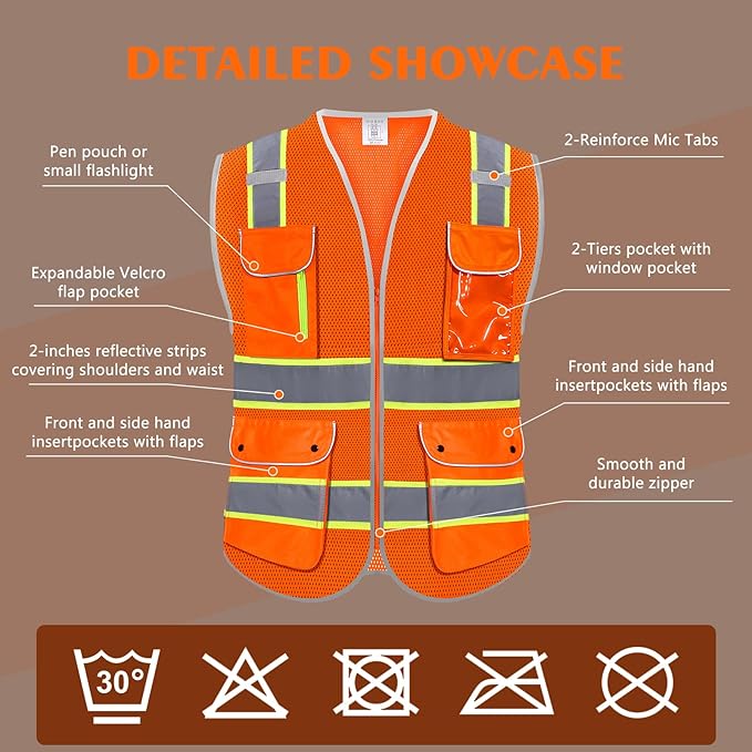 High Visibility Safety Vest - Reflective Breathable Mesh with 9 Pockets, Front Zipper for Men & Women - Meets ANSI/ISEA Standards