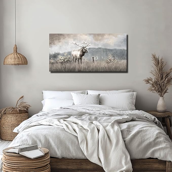 ZHENGYIN Elk & Wildflowers Canvas Wall Art, Western Deer Wildlife Meadow Landscape Artwork, Rustic Neutral Earth Tone Farmhouse Wall Decor for Entryway Bedroom, Over Console, 20x40 Inch