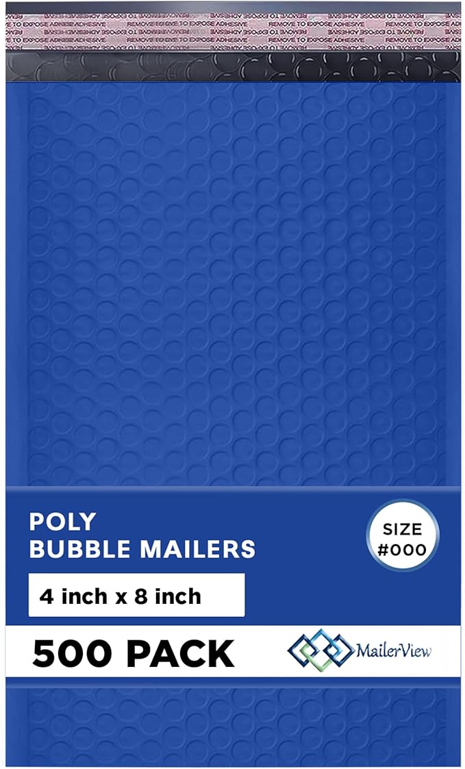 Royal Blue Small Bubble Mailers 4x8 Inch #000 | Thick Padded Poly Bubble Mailer Envelopes | 500 Pack Bulk | Trading Card Sports Card Shipping