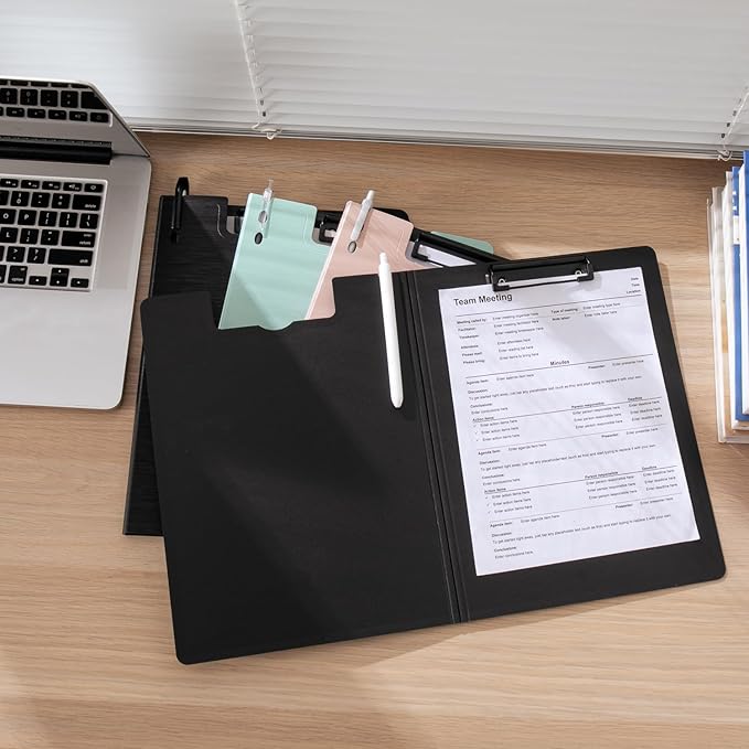 Y YOMA Clipboard Folder, A4 Foldable Plastic Clipboard with Metal Clip, 360° Rotating Cover, Waterproof Work Folder for Home, Office, School, Field Work, Outdoor - 2 Pack, Black