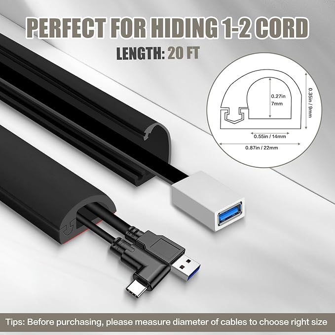 Cord Wall Cover, 236in Self-Adhesive Wire Covers for Cords on Wall, Extension Cable Hider for Floor, Mounted Tv, Home and Office Cavity 0.63" Wx0.31 H (Black)