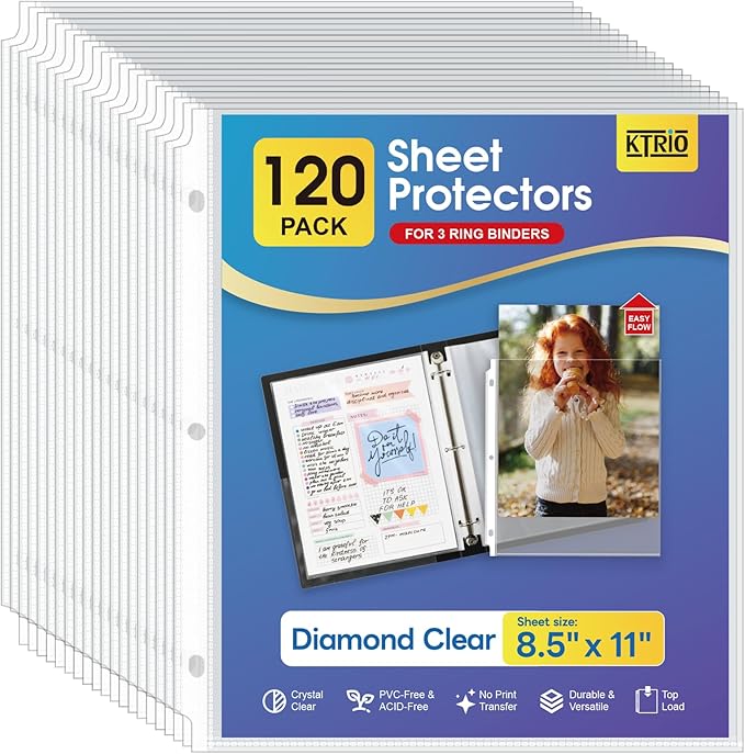 KTRIO 120 Pack Sheet Protectors 8.5 x 11 inch, Clear Page Protector for 3 Ring Binder, Plastic Sleeves for Binders, Top Loading Paper Sheets Document Sleeve Letter Size, Office & Home