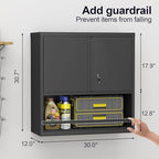 GREATMEET Garage Wall Cabinet, Metal Garage Storage Cabinets, Locking Utility Cabinet, Hanging Cabinets for Wall, Wall-Mounted Garage Cabinets, Black