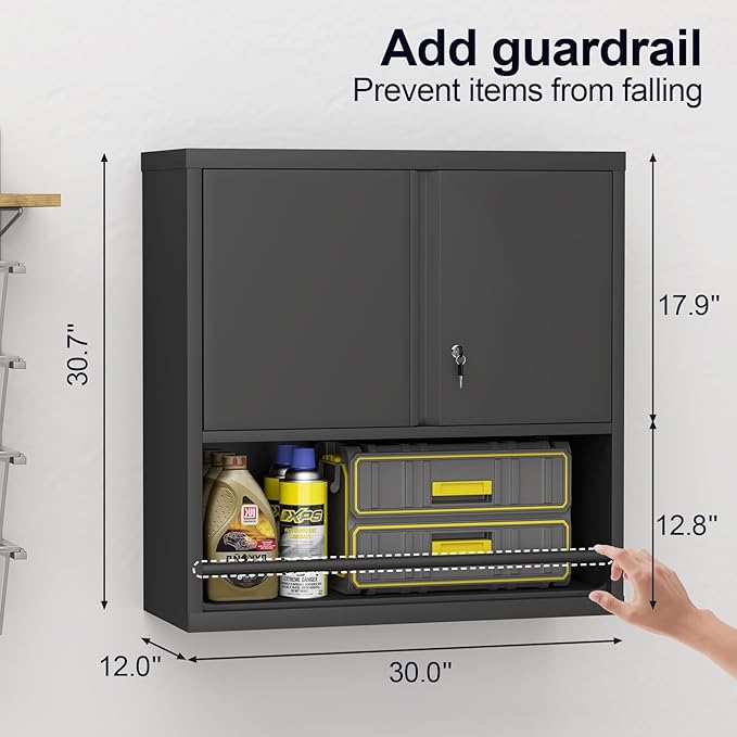 GREATMEET Garage Wall Cabinet, Metal Garage Storage Cabinets, Locking Utility Cabinet, Hanging Cabinets for Wall, Wall-Mounted Garage Cabinets, Black