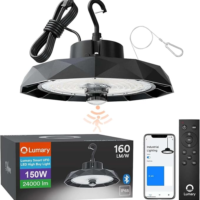 Lumary Smart UFO LED High Bay Light Motion Sensor 100W via Hub, Compatible with Alexa Google, Bluetooth Hanging Shop Lights for Garage w/Remote, 16000Lm Brightness Dimmable 1-100%, 5000K for Workshop