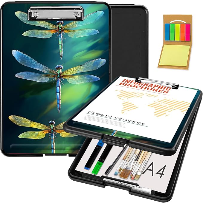 Clipboard with Storage,Office Supplies Nursing Clipboards Folder with Pen Holder Plastic Foldable Clip Board with Storage for Nurse Teacher,Green Dragonflies
