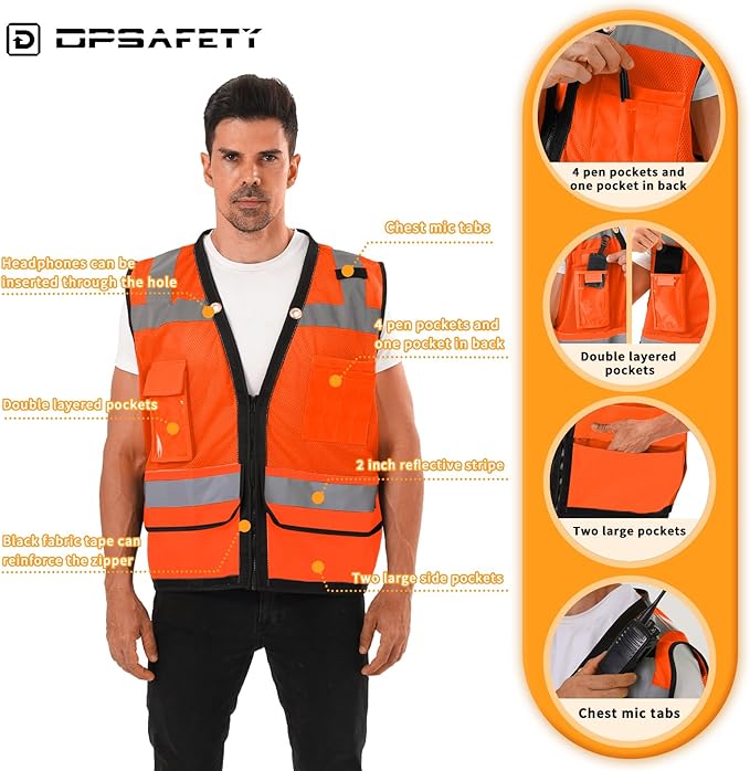 Reflective Safety vest With back plan pocket,High visibility Class 2 Heavy Duty Surveyor Vest with Zipper,Hi Vis Vest ANSI/ISEA Standard, Construction Work Vest for Men＆Women(Orange,2XL)