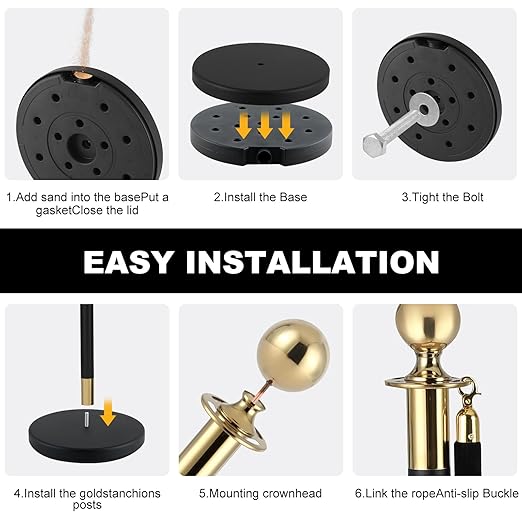 Crowd Control Barriers Black Gold Stanchions Posts, 8pcs Poles and Black Velvet Ropes 6pcs, Queue Barrier Line Divider with Fillable Plastic Base for Airport,Parties,Grand Opening
