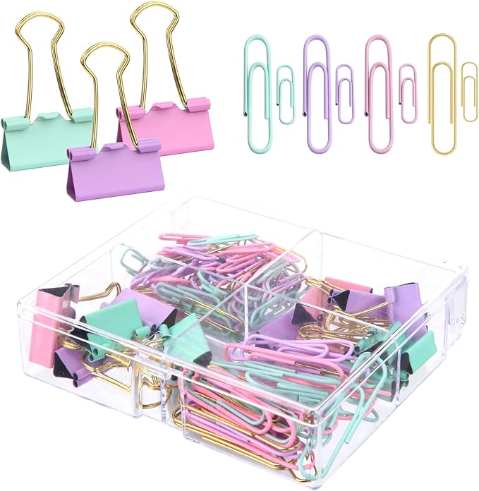 Cute Paper Clips Binder Clips Combo Set, 165 Psc, Assorted Size Paper Clips for Office, Cute Office Supplies Set, Purple (Colorful)