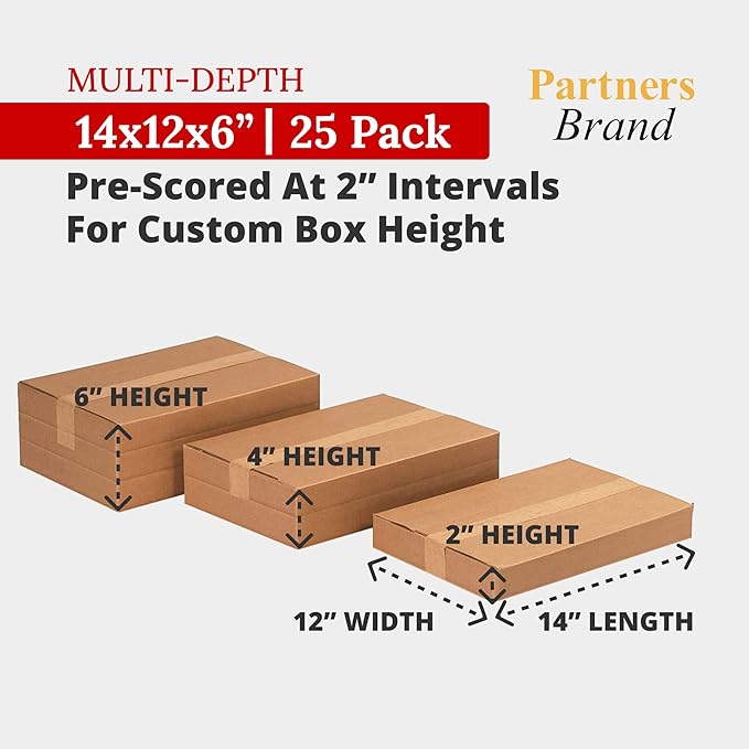Partners Brand 14 x 12 x 6 Corrugated Cardboard Boxes, 14"L x 12"W x 6"H, Pack of , 25 | Shipping, Packaging, Moving, Storage Box for Business, Strong Wholesale Bulk Boxes 14126