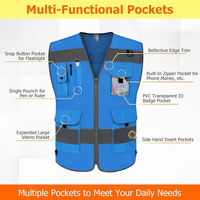 TCCFCCT Mesh Reflective Safety Vest 9 Pockets High Visibility Vest for Men Women, Hi Vis Reflective Work Vest for Safety, Meets ANSI/ISEA Standards, (Blue, XX-Large)