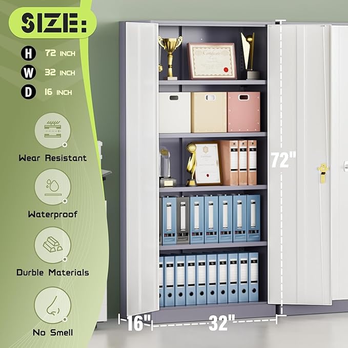 Incbruce 72” Metal Storage Cabinet, Garage Cabinets and Storage System with Doors and Shelves, Tall Lockable Tool Cabinet for Garage, Office, Home (Grey White)