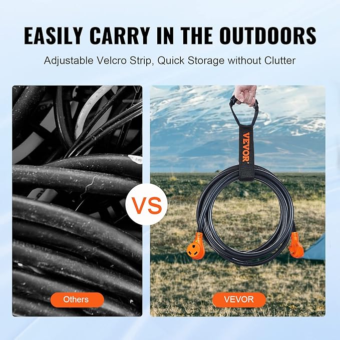 VEVOR 30 Amp RV Extension Cord, 25 ft, Heavy Duty STW 10/3 AWG RV Power Cord, NEMA TT-30R Female NEMA TT-30P Male Plug, for RVs, Generators, Campers, ETL Listed