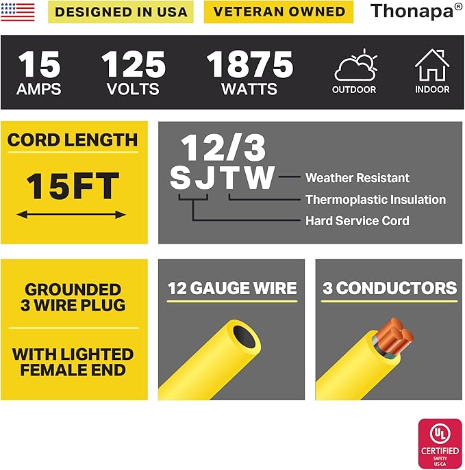 Lighted Outdoor Extension Cord 15 ft - 12 Gauge 15 Amp Heavy Duty Power Extension Cords - SJTW - Great for Major Appliances, Power Tools, Garden Supplies - Yellow
