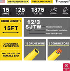 Lighted Outdoor Extension Cord 15 ft - 12 Gauge 15 Amp Heavy Duty Power Extension Cords - SJTW - Great for Major Appliances, Power Tools, Garden Supplies - Yellow