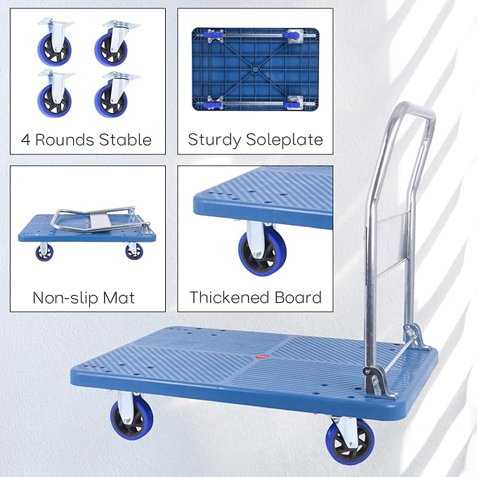 Doppy Flatbed Cart, 660lbs Heavy Duty Capacity Platform Hand Truck 360 Degree Swivel Wheels Foldable Push Hand Cart for Loading and Storage, Warehouse (Blue)