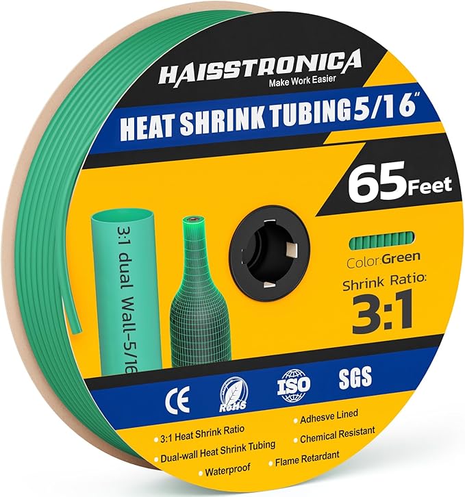 haisstronica 3:1 Heat Shrink Tubing, Shrink Ratio Adhesive Lined Marine Grade Heat Shrink Tube for Home, Automotive and Industrial (Green) 65FT 5/16inch