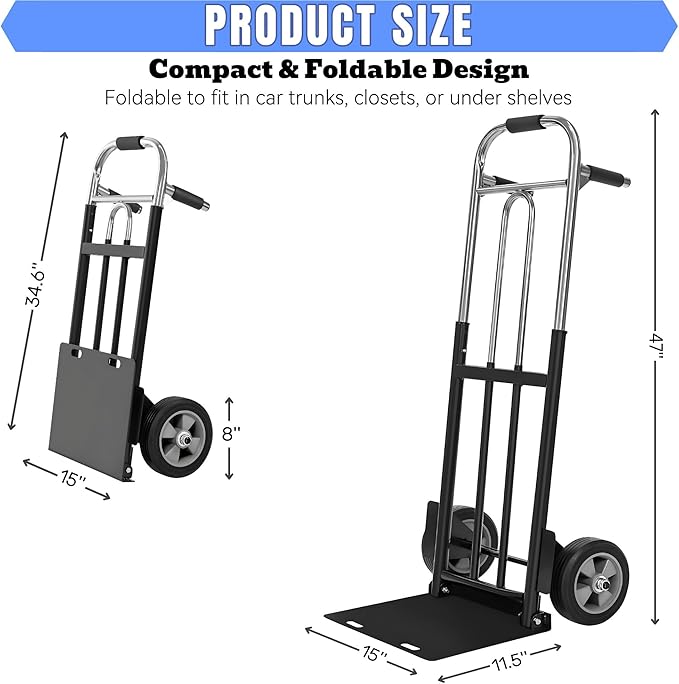 Folding Hand Truck Dolly - 600 LB Capacity, Heavy-Duty Wheels and Compact Design for Moving Heavy Loads in Warehouses, Offices, Homes, and Shopping