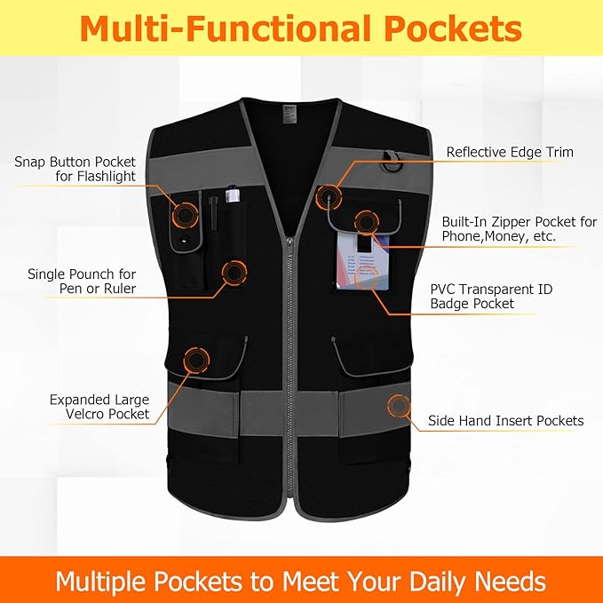 TCCFCCT Mesh Hi Vis Vest, 9 Pockets High Visibility Reflective Safety Vest for Men Women, Safety Construction Vest with Reflective Strips, Meets ANSI/ISEA Standards, (Black, Medium)